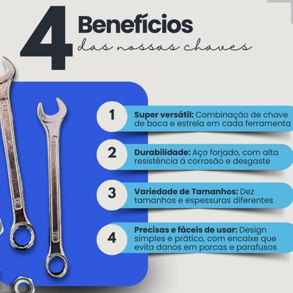 Imagem de Jogo Chave Combinada 10 Peças 6 A 17mm De Aço Fixa Estrela Peças Kit Ferramentas Profissional Boca Catraca Completo