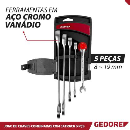 Imagem de Jogo Chave Combinada C/ Catraca 8-19mm 5 Peças Em Aço Cromo Vanádio Gedore Red