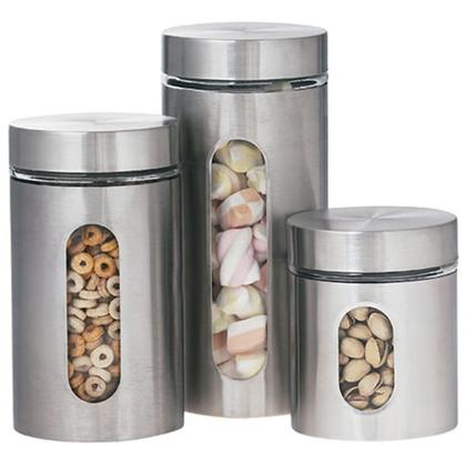 Imagem de Jogo com 3 potes de vidro com tampa rosca inox para mantimentos secos como grãos, massas e biscoitos