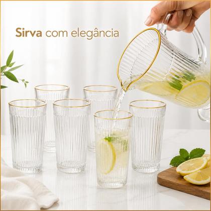 Imagem de Jogo Com Jarra E 6 Copos Lila De Vidro 7pçs - Borda Dourada