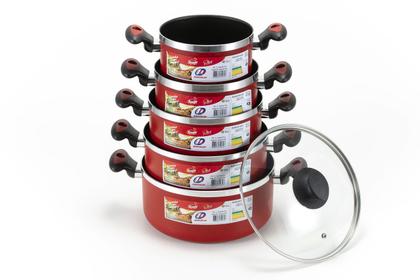 Imagem de Jogo Conjunto Caçarolas 05 Peças Vermelho Alumínio Antiaderente Grosso e Mais Resistente Acompanha Tampa de Vidro - Melhor Preço do Mercado