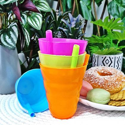 Imagem de Jogo Copo Plastico 240 Ml Colorido Com Canudo