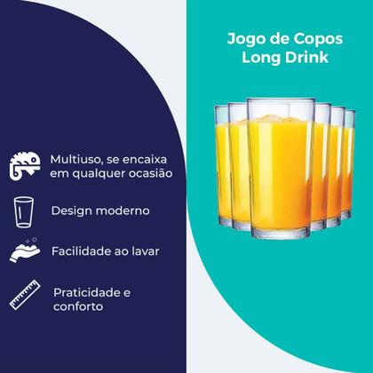 Imagem de Jogo Copos de Vidro Long Drink Copo Para Água e Suco 255ml 6 Peças Ruvolo