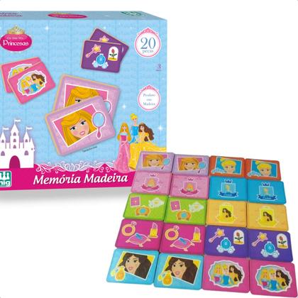 Imagem de Jogo Da Memória Princesas Infantil 20 Peças Madeira 10 Pares Criatividade Imaginação 3 Anos Nig Brinquedos - 0794