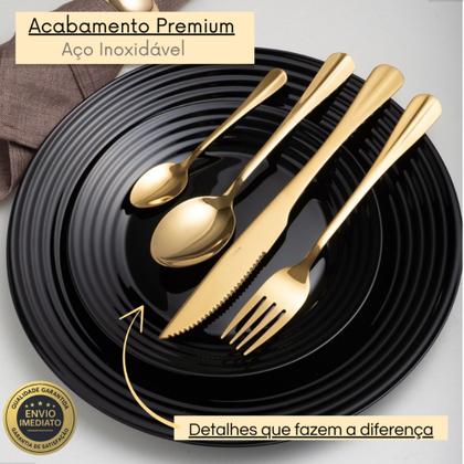 Imagem de Jogo De 24 Talheres Mesa Posta Dourado Luxo em Aço Inox