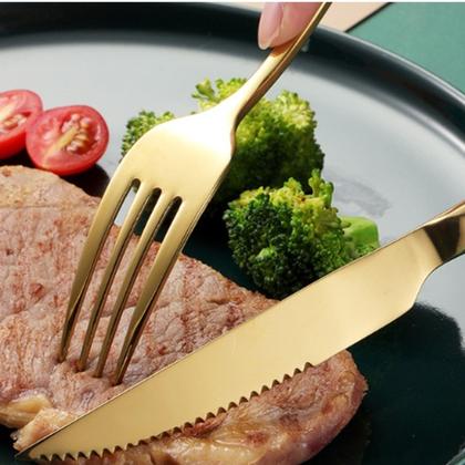 Imagem de Jogo De 24 Talheres Mesa Posta Dourado Luxo em Aço Inox