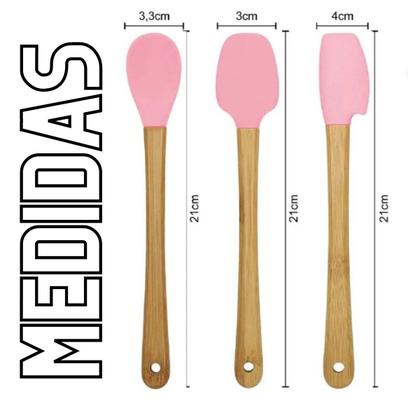 Imagem de Jogo de 3 Espátulas de Silicone com Cabo em Bambu Tipo Pão Duro Coloridas