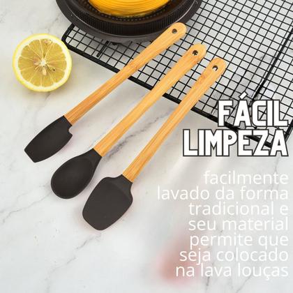 Imagem de Jogo de 3 Espátulas de Silicone com Cabo em Bambu Tipo Pão Duro Coloridas