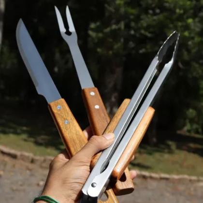 Imagem de Jogo de 3 Peças para Churrasco Beef Club em Aço Inox e Madeira - Fracalanza