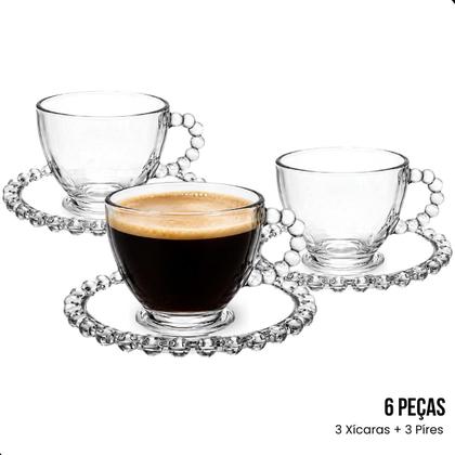 Imagem de Jogo De 3 Xícaras E 3 Pires Em Vidro 6 Peças Chá Pearl Pérola