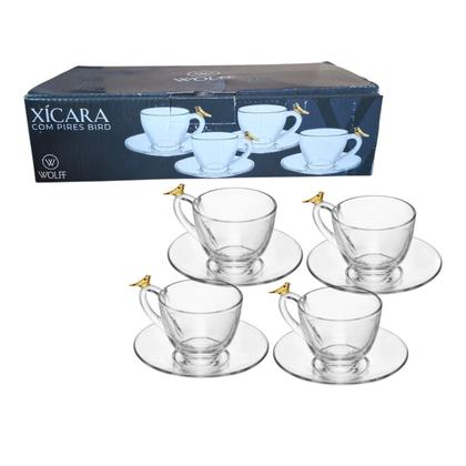Imagem de Jogo De 4 Xícaras Café Caneca Cristal Vidro Com Pires Bird