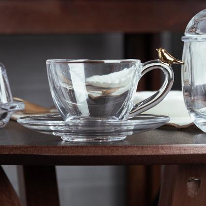 Imagem de Jogo De 4 Xícaras Café Caneca Cristal Vidro Com Pires Bird