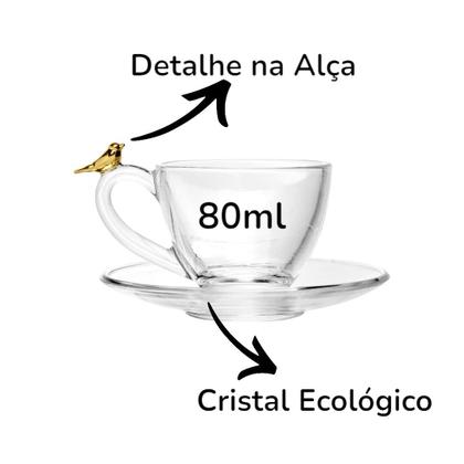 Imagem de Jogo De 4 Xícaras Café Caneca Cristal Vidro Com Pires Bird