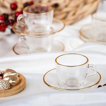 Imagem de Jogo De 4 Xicaras Vidro Com Borda Dourada Luxo e Pires Para Café Hauskraft Premium 90ml