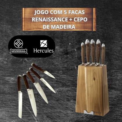 Imagem de Jogo de 5 Facas Com Cepo Madeira Linha Renaissance Hercules Mundial Churrasco e Cozinha