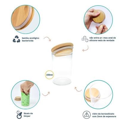 Imagem de Jogo de 5 potes herméticos de vidro tampa de bambu 200 ml