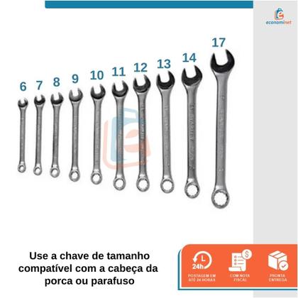 Imagem de Jogo de 8 Peças Chave Combinada Cromada Ajuste Aperto 6 a 17mm