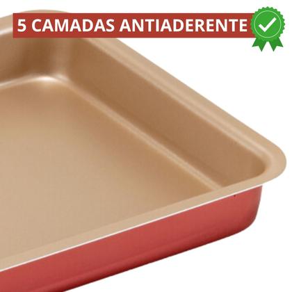 Imagem de Jogo de Assadeiras Forma Retangular 03 Peças Antiaderentes + Descanso de Panela Redondo Madeira