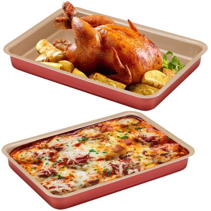 Imagem de Jogo de Assadeiras Forma Retangular 03 Peças Antiaderentes + Descanso de Panela Redondo Madeira