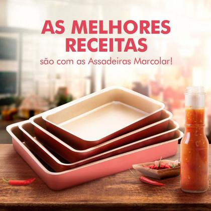 Imagem de Jogo de Assadeiras Forma Retangular 03 Peças Antiaderentes + Descanso de Panela Redondo Madeira