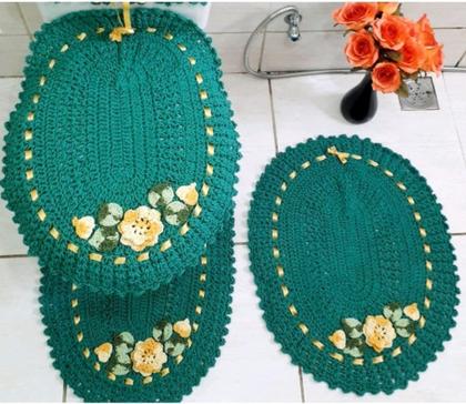 Imagem de Jogo de Banheiro 3 Peças Verde Bandeira Bordado croche feito a mao