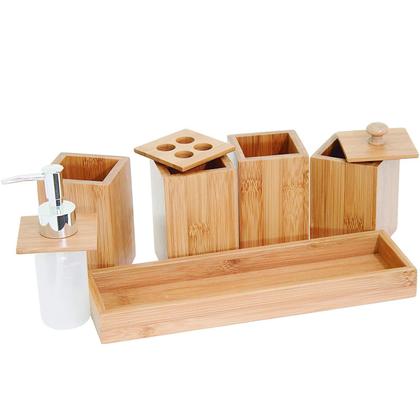 Imagem de Jogo De Banheiro 5 Peças Bambu Luxo Porta Sabonete Liquido - Mimo Style