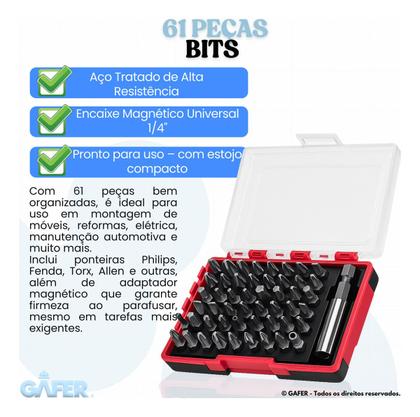 Imagem de Jogo de Bits 25mm para Parafusadeira com 61 Peças em Aço Cromo Vanádio