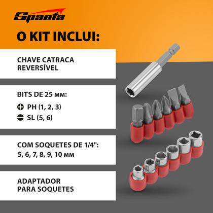 Imagem de Jogo de bits e soquetes, cabo anatomico reversivel com catraca, 14 pcs // sparta