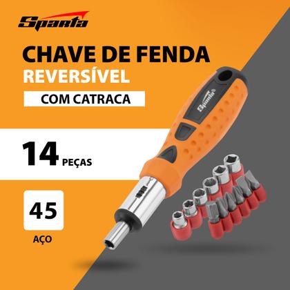 Imagem de Jogo de bits e soquetes, cabo anatomico reversivel com catraca, 14 pcs // sparta