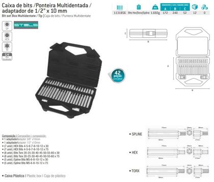 Imagem de Jogo de bits sextavado/torx/ spline (multidentado) em cromo vanadio com haste sextavada de 1/2 polx10mm.,42 pecas-stels