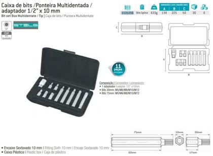 Imagem de Jogo de bits spline (ponteira multidentada) em cromo vanadio com haste sextavada de 1/2 polx10mm.,11 pecas-stels
