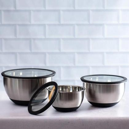 Imagem de Jogo de bowls tigelas em inox com tampas plásticas Kenya P/M/G 3 peças