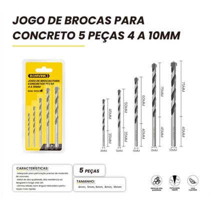 Imagem de Jogo De Brocas Para Furadeira Com 5 Peças Concreto 4 a 10mm