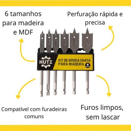Imagem de Jogo de Brocas Planas para Madeira, Gesso e MDF  6 Tamanhos Alta Precisão