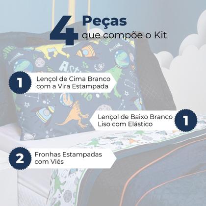 Imagem de Jogo de Cama Astrodino Branco/Azul Marinho Casal Padrão 04 Peças - Percal 200 Fios