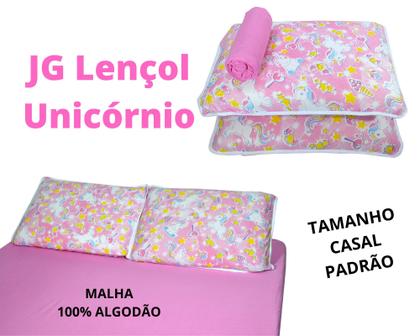Imagem de Jogo De Cama Casal 3 Peças Em Malha Com Elástico Estampa Unicórnios