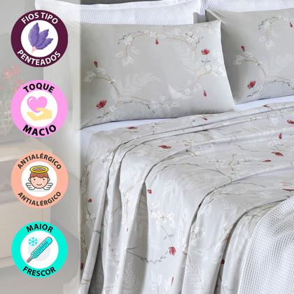 Imagem de Jogo de Cama Casal 4 peças Lençol com Elástico 100% Algodão Percal 180 Fios 138x188x35cm - Dohler