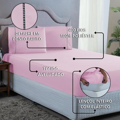 Imagem de Jogo de Cama Casal com Elástico e Fronha 400 Fios com Ponto Palito 3 Peças Qualidade