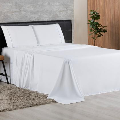 Imagem de Jogo de Cama Casal Completo Lençol com Virol Percal 400 Fios Ponto Palito Branco 04 Peças