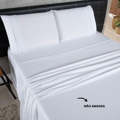 Imagem de Jogo de Cama Casal Completo Lençol com Virol Percal 400 Fios Ponto Palito Branco 04 Peças