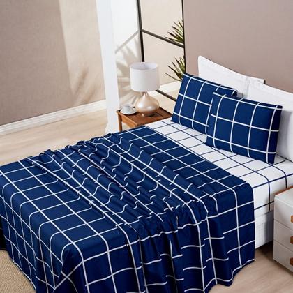 Imagem de Jogo De Cama Casal Dupla Face Grid Micro Percal 200 Fios Austin 4 Pçs