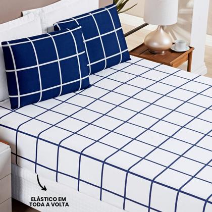 Imagem de Jogo De Cama Casal Dupla Face Grid Micro Percal 200 Fios Austin 4 Pçs