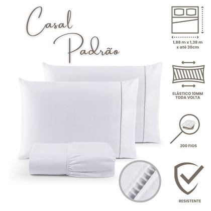 Imagem de Jogo de Cama Casal Lençol com Elástico 200 Fios Ponto Palito Branco 03 Peças