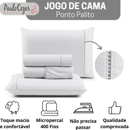 Imagem de Jogo de Cama Casal Percal 400 Fios Ponto Palito 04 Peças, Antiácaro, Antipilling com Toque Macio