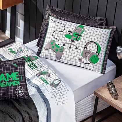 Imagem de Jogo de Cama Game Streamer Branco/Verde QUEEN 04 Peças - Percal 200 Fios