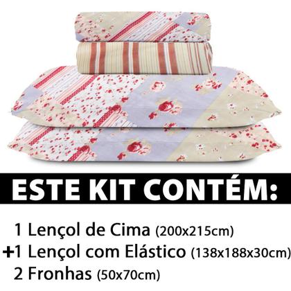 Imagem de Jogo de Cama Lençol 4 Peças Casal Com Elástico Estampado 138x188x30cm - BF Colchões