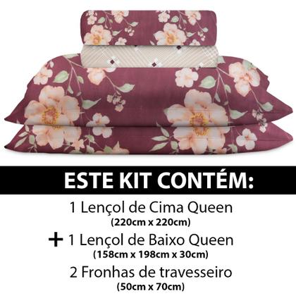 Imagem de Jogo de Cama Lençol 4 Peças Queen Com Elástico Estampado 158x198x30cm  BF Colchões