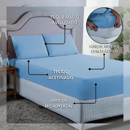 Imagem de Jogo de Cama Lençol Casal 400 Fios Poliéster 3 peças Conjunto com Elástico e Fronhas