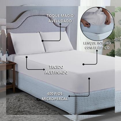 Imagem de Jogo de Cama Lençol Casal 400 Fios Poliéster 3 peças Conjunto com Elástico e Fronhas