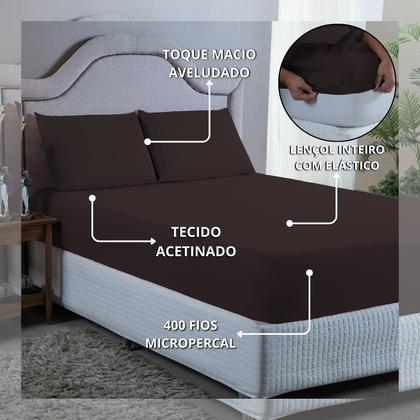 Imagem de Jogo de Cama Lençol Casal 400 Fios Poliéster 3 peças Conjunto com Elástico e Fronhas
